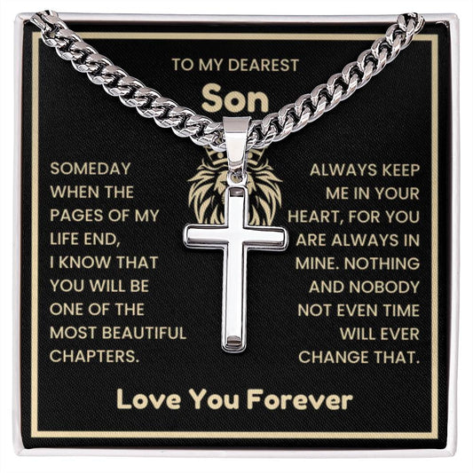 To My Dearest Son Necklace - Gift for Son - Always keep me in your heart - Artisan Cross with Cuban Link Chain - Personalize Memories