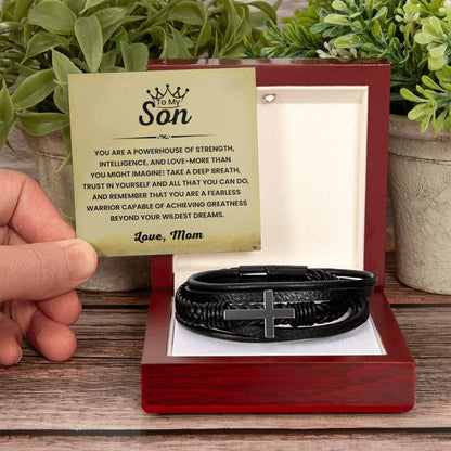 Mom to Son – Graduation, Birthday Gift – Men's Cross Bracelet - Personalize Memories