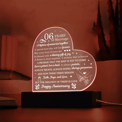 Six Year Anniversary Gift - Romantic Gift for Couples - 6 Years Of Marriage Acrylic Heart Plaque - Personalize Memories