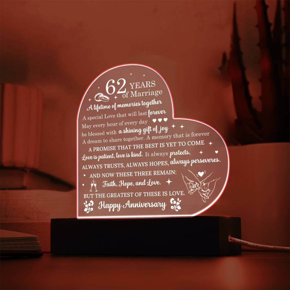 62 Year Anniversary Gift - Romantic Gift for Couples - 62 Years Of Marriage Acrylic Heart Plaque - Personalize Memories