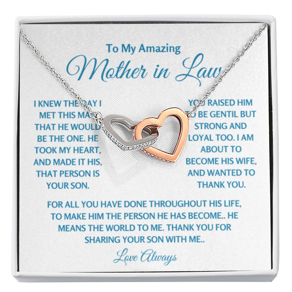 To My Amazing Mother In Law - Gift for MIL - Thank you for sharing your son with me - Interlocking Hearts Necklace - Personalize Memories