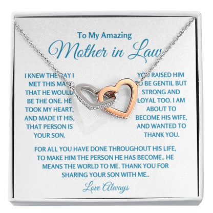 To My Amazing Mother In Law - Gift for MIL - Thank you for sharing your son with me - Interlocking Hearts Necklace - Personalize Memories