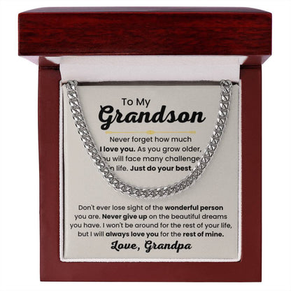 Grandson Necklace Gift from Grandpa, Birthday, Graduation & Christmas Jewelry - Cuban Link Chain - Personalize Memories