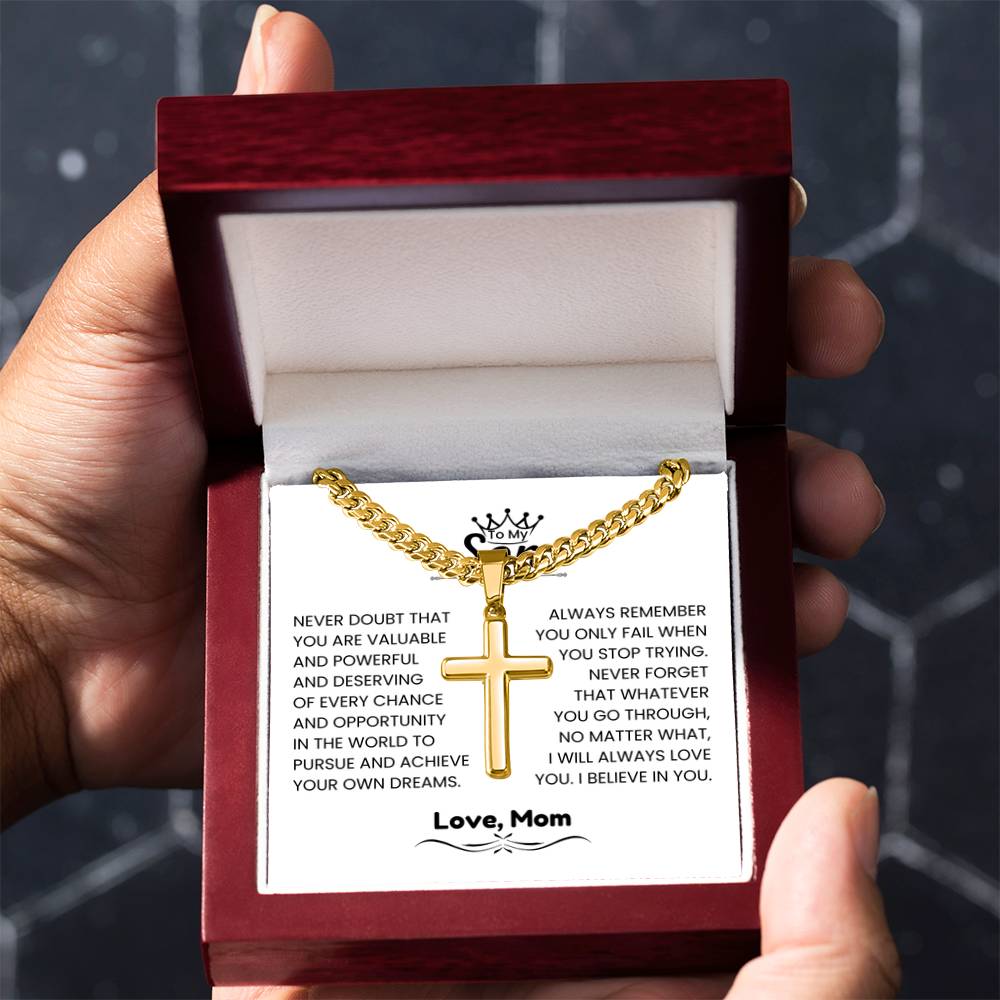 To My Son - Gift for Son from Mom - I will always love you - Artisan Cross with Cuban Link Chain - Personalize Memories