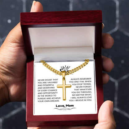 To My Son - Gift for Son from Mom - I will always love you - Artisan Cross with Cuban Link Chain - Personalize Memories
