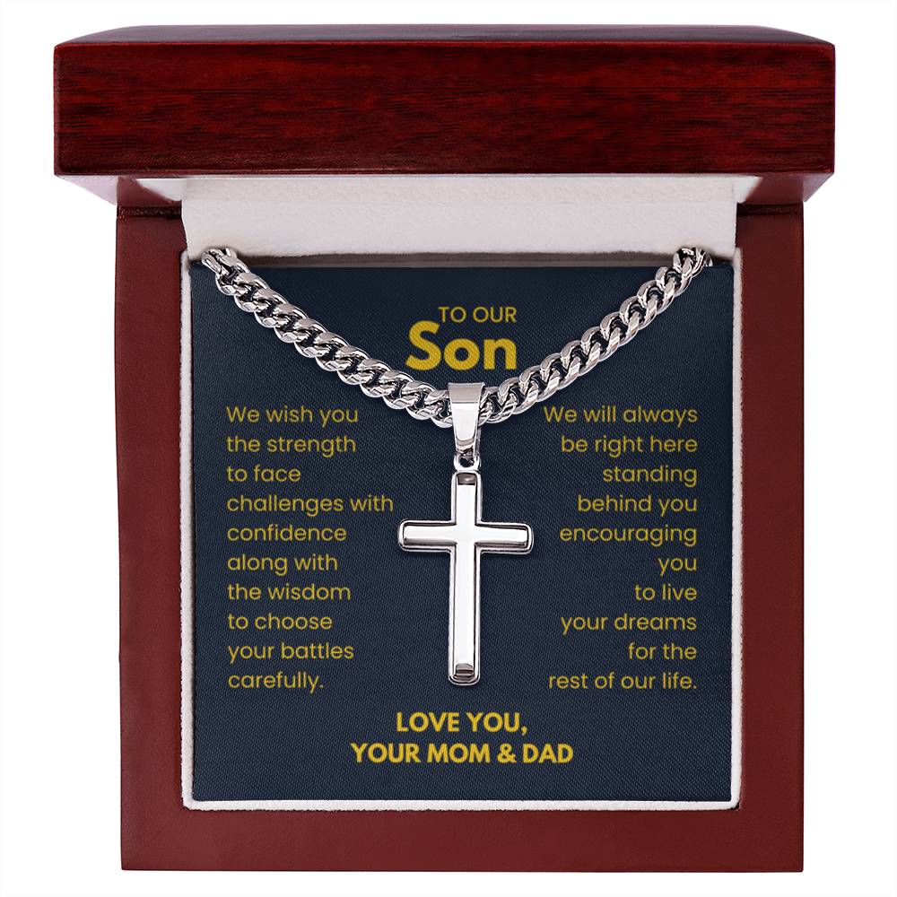 To Our Son - Son Gift from Mom and Dad - Artisan Cross with Cuban Link Chain - Personalize Memories