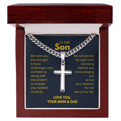 To Our Son - Son Gift from Mom and Dad - Artisan Cross with Cuban Link Chain - Personalize Memories