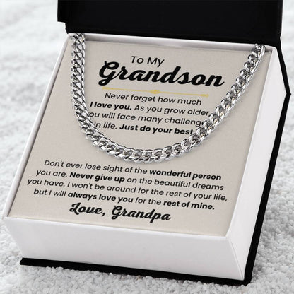 Grandson Necklace Gift from Grandpa, Birthday, Graduation & Christmas Jewelry - Cuban Link Chain - Personalize Memories