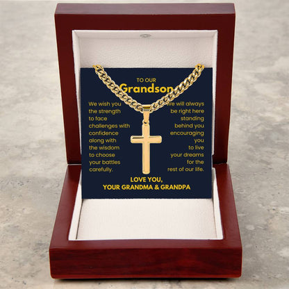 To Our Grandson - Grandson Gift from Grandma and Grandpa - Artisan Cross with Cuban Link Chain - Personalize Memories