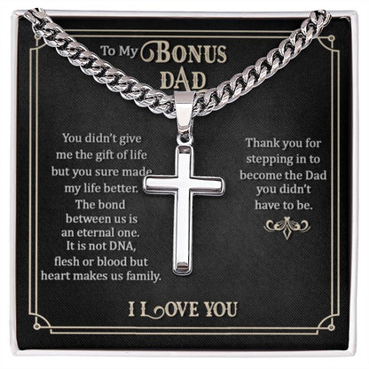 To My Bonus Dad - Artisan Cross with Cuban Link Chain Gift for Him - Personalize Memories