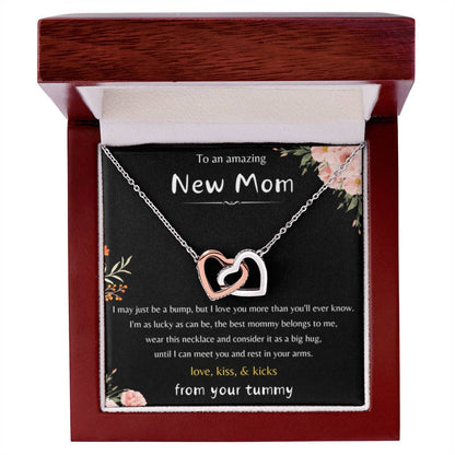 To An Amazing New Mom - Love Kiss & Kicks from Your Tummy- Interlocking Hearts Necklace - New Mom Gift - Personalize Memories