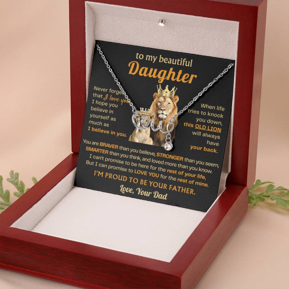To My Beautiful Daughter Necklace - Old Lion - Present for Daughter from Dad - Scripted Love Necklace - Personalize Memories