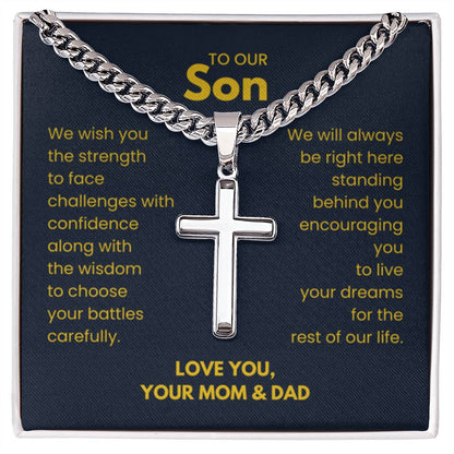 To Our Son - Son Gift from Mom and Dad - Artisan Cross with Cuban Link Chain - Personalize Memories