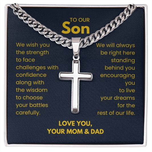 To Our Son - Son Gift from Mom and Dad - Artisan Cross with Cuban Link Chain - Personalize Memories