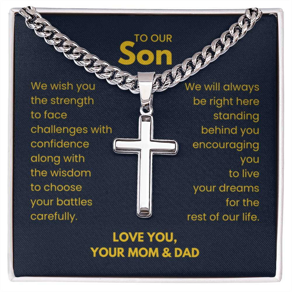 To Our Son - Son Gift from Mom and Dad - Artisan Cross with Cuban Link Chain - Personalize Memories