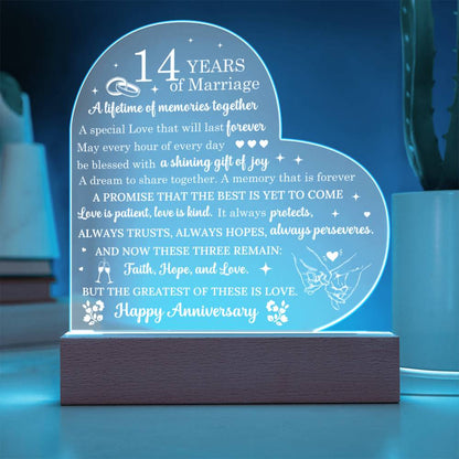 14 Year Anniversary Gift - Romantic Gift for Couples - 14 Years Of Marriage Acrylic Heart Plaque - Personalize Memories