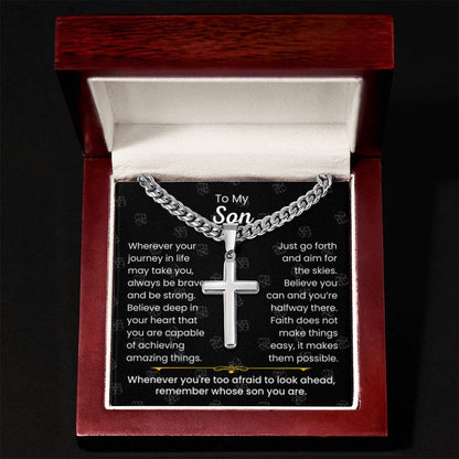 To My Son - Always be brave and be strong - Gift for Son - Artisan Cross with Cuban Link Chain - Personalize Memories