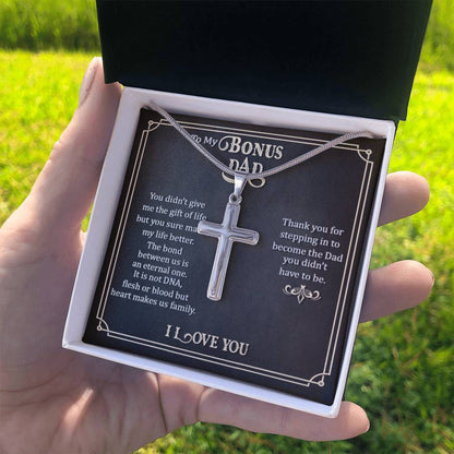 To My Bonus Dad - Artisan Cross Necklace Gift for Him - Personalize Memories