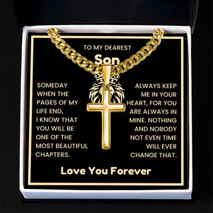 To My Dearest Son Necklace - Gift for Son - Always keep me in your heart - Artisan Cross with Cuban Link Chain - Personalize Memories