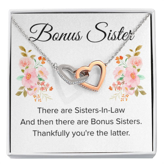 Gift for Bonus Sister - Thankfully You're the Latter - Interlocking Hearts Necklace - Personalize Memories