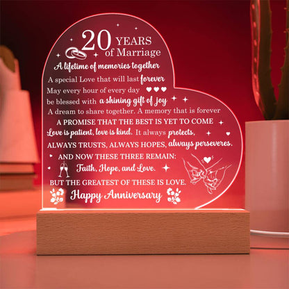 20 Year Anniversary Gift - Romantic Gift for Couples - 20 Years Of Marriage Acrylic Heart Plaque