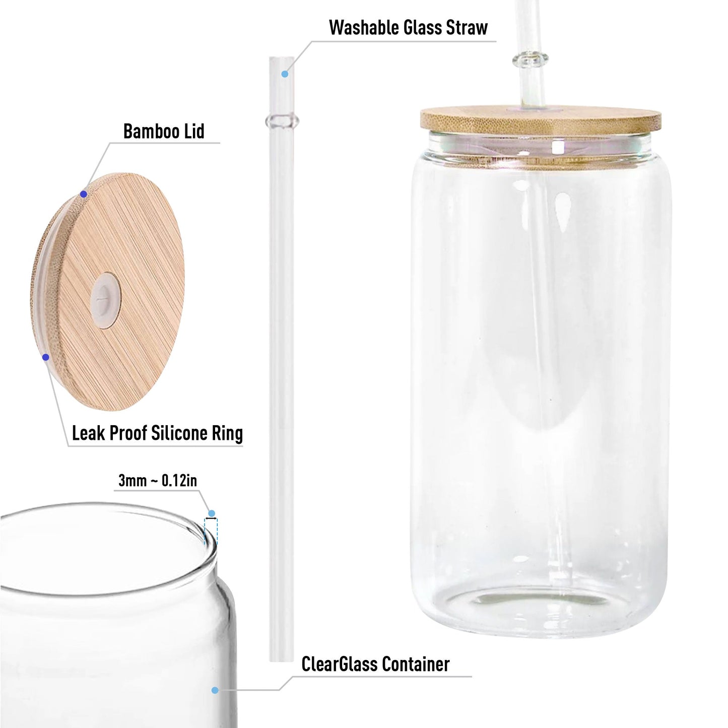 Clear glass cup with wooden lid and straw, perfect for custom messages and gifts.