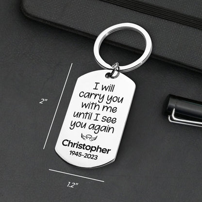 Engraved memorial keychain with custom message and name, stainless steel sympathy gift.